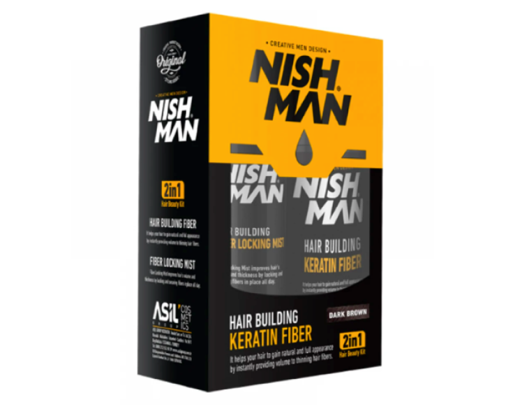 Камуфляж для залисин Nishman Hair Building (пудра 20г + фіксатор 100мл) темно-коричневий